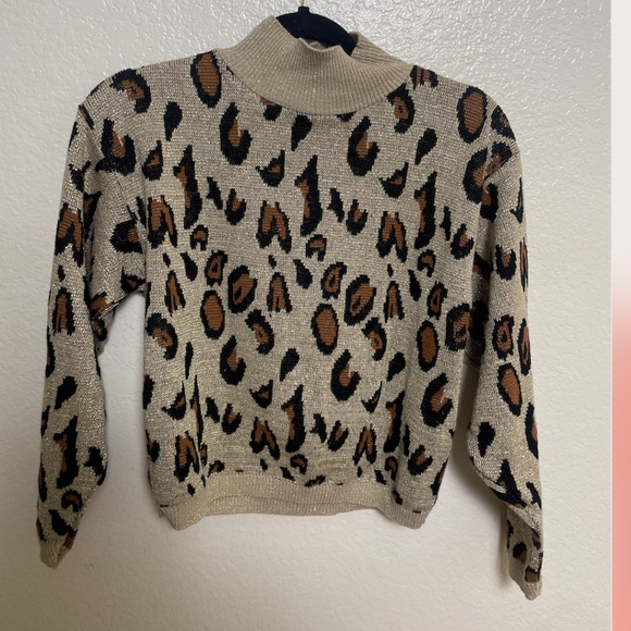Leopard Shimmer Glitter Boho Mock Neck Hipster Hippie Art Chic Glam Farm Sweater - Picture 1 of 4